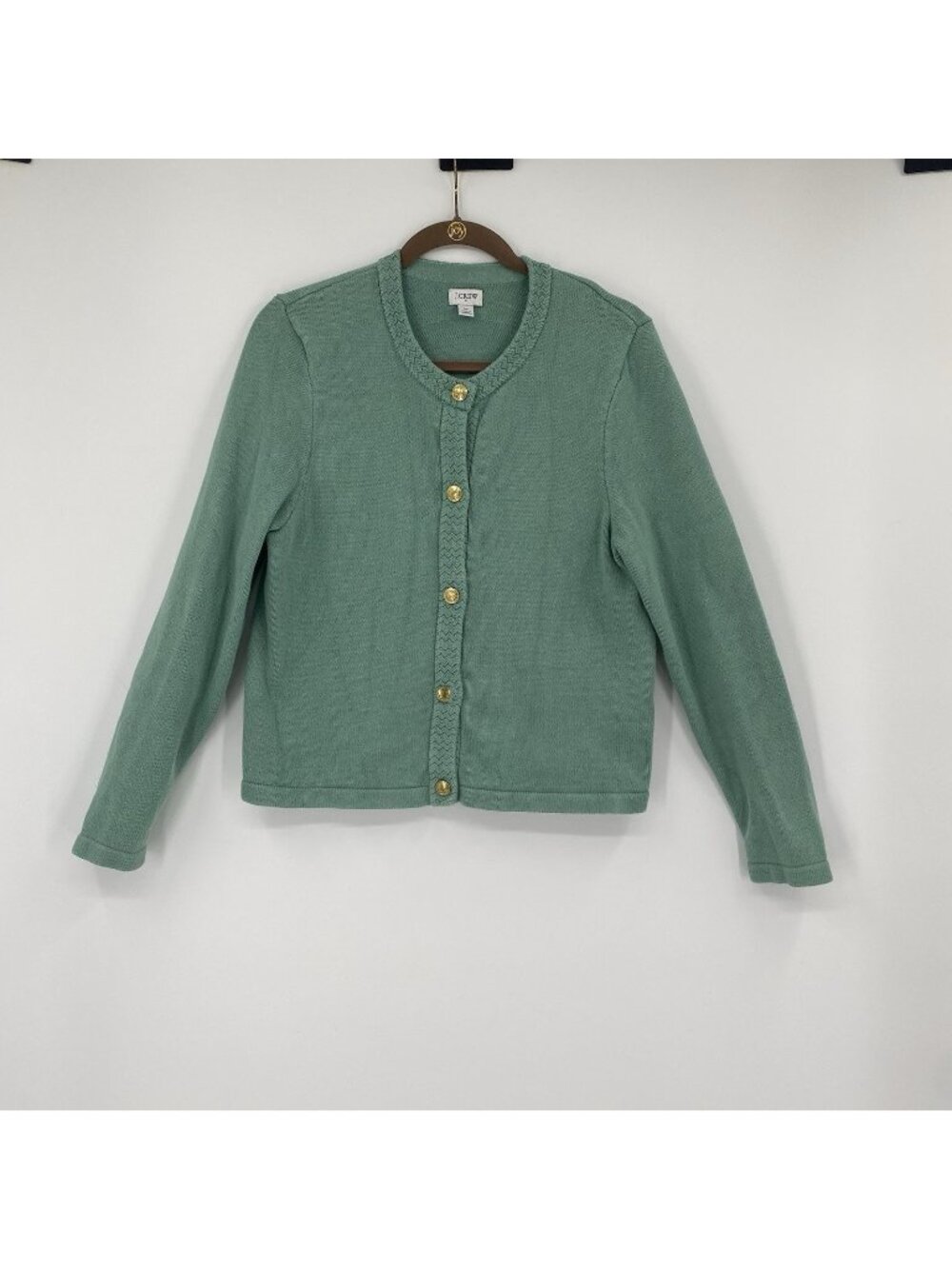 J.Crew Size M Green Cardigan Sweater Gold Buttons Preppy Grandma Coquette CG824
